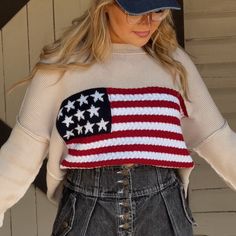 Cozy American Flag Sweater Oversized Fit Crochet Details Nwt American Flag Tops For Fall, Americana Long Sleeve Sweater For Fall, Long Sleeve Americana Sweater For Fall, Fall Americana Long Sleeve Sweater, Winter Long Sleeve Tops With American Flag Print, Long Sleeve Tops With American Flag Print For Winter, Patriotic Long Sleeve Winter Sweater, Flag Sweater, American Flag Sweater