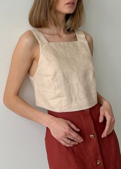 Minimal linen crop top with wide straps - easy-fitting pullover style. ✈ free worldwide shipping It is super comfortable to wear yet a fashionable top, minimalist and simple. A must-have top for everyday wear, casual or semi-formal occasions, beachwear, and casual loungewear - suitable for any occasion in the summer season. Great to go with high-waisted bottoms, dress it up or down as you wish. Linen makes the best micro-climate of the skin, is breathable, and absorbs moisture and perspiration. Casual Square Neck Crop Top For Beach, Chic Square Neck Crop Top For Beach, Beige Tank Crop Top For Summer, Summer Cropped Linen Tank Top, Fitted Linen Crop Top, Summer Cropped Linen Tops, Beige Cropped Tank Top For Spring, Casual Fitted Linen Crop Top, Sleeveless Linen Crop Top For Summer