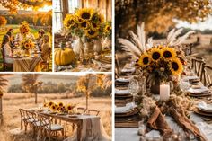 sunflowers and fall foliage decorate the table for an outdoor dinner party with rustic touches