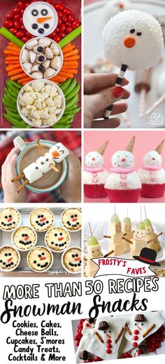 there are many snowman snacks in this collage