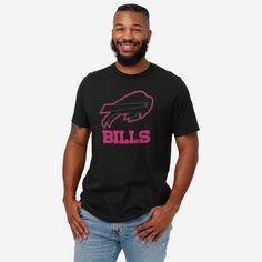 When your team shines bright, you should too! Get ready to glow on gameday with the Buffalo Bills Highlight Reel T-Shirt. Features All-over black and neon design: This t-shirt is dark with highlighted features so you can shine bright on gameday and everyday Team logo display with highlight outline: The front of this apparel features a black team logo display outlined in neon pink, and a neon pink wordmark team name display so you can show off your team spirit with pride Crew neck rib collar: Thi Buffalo Bills Apparel, Logo Display, Neon Design, The Buffalo, Team T Shirts, Black Neon, Team Name, Team Shirts, Buffalo Bills