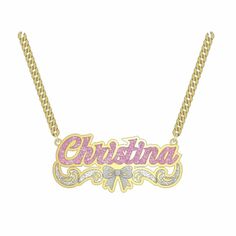 Material: Copper. Color: Gold.  Process: Gold plated.  Chain Length: 14",16",18",20",22".  Recipient: Women, Mom, Wife, Girl Friend, Children, Family.  Product Type: Personalized Jewelry.  Gift Type: Bow Tie Necklace.  Occasions: Valentine's Day, Mother's Day, Christmas, Birthday, etc.  Necklace Type: Name Necklace.  Brand: Silviax Jewelry. Item: 2023NE0365 Pink Personalized Metal Charm Necklaces, Personalized Pink Metal Charm Necklaces, Personalized Metal Chain Necklace For Valentine's Day, Gold Metal Name Necklace For Valentine's Day, Valentine's Day Name Necklaces In Metal, Custom Name Heart Necklace In Metal, Valentine's Day Metal Name Necklaces, Custom Name Heart Metal Necklace, Valentine's Day Metal Name Necklace