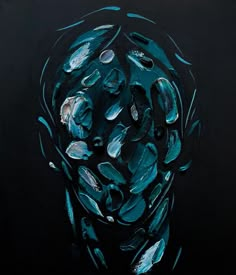 an abstract painting with blue and black colors on a black background that has leaves in the center