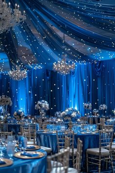 a banquet room with blue and white decor