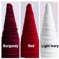 three different types of red, white and light ivory christmas trees with the words burgundy on them