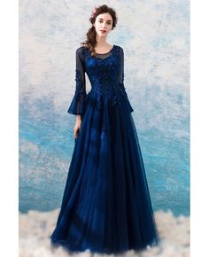 Buy Classic Navy Blue Flare Sleeved Prom Formal Dress With Lace Beading at wholesale price online. Free shipping and pro custom service since 2009. Dark Blue Prom Dress Long, Blue Grad Dresses, Faerie Fashion, Formal Attire For Women, Slavic Style, Prom Dresses Long Blue, Types Of Gowns, Navy Prom Dresses, Navy Blue Prom Dresses