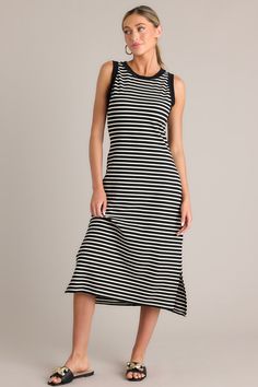 Classic Contrast Black Stripe Midi Dress Stripe Midi Dress, Sorority Rush Dresses, Halter Bridesmaid Dress, Rush Dresses, Cardigan Crop Top, Timeless Dress, Striped Midi Dress, Black Dresses Casual, Little White Dresses