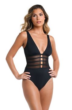 Sheer mesh insets offer a peek of your skin in this one-piece swimsuit with built-in tummy control for extra support as you lounge by the water. Pull-on style Adjustable straps Removable cups Moderate back coverage 83% nylon, 17% elastane Hand wash, line dry Imported Nylon One-piece Shapewear Swimwear, Nylon Shapewear One-piece Swimwear, Beach Shapewear Swimwear In Nylon, Beach Nylon Bodysuit Shapewear, Nylon Swimwear With Mesh Back For Swimming, Nylon Shapewear Bodysuit For Beach, Black Swimwear With Mesh Back For Pool, Mesh Lined Swimwear For Beach Season, Mesh Swimwear With Lined Body For Beach Season