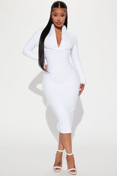 Available In White And Black. Bandage Midi Dress Long Sleeve Deep V-Neckline Ruched Detail Hidden Back Zipper Stretch 90% Polyester 10% Spandex Imported | Classic Long Sleeve Bandage Midi Dress in White size 3X by Fashion Nova White Dress Outfit Party Classy, Lady Outfits Classy, Fashion Nova Outfits Dresses, Short Dreadlocks, Dreadlocks Styles, Dress Outfits Party, Long Sleeve Black Dress, Midi Dress Long Sleeve, White Fitted Dress