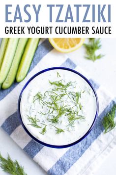 greek yogurt cucumber sauce in a bowl with fresh dill garnish