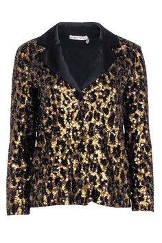 Show off your fierce fashion with shimmering sequins from Alice & Olivia! The dazzling "Keir" blazer top is adorned with black and brown sequins, creating a playful leopard pattern. A satin notched lapel and button front design lend a sophisticated feel to this sparkling stunner. Perfect for adding a layer of glitz and glam to any look! Size XS Shell 100% Polyester Lining 94% Polyester, 6% Elastane Combo 75% Triacetate, 25% Polyester Button front closure Satin notched lapel Buttoned cuffs Bust 36" Waist 36" Shoulder to hem 23" Sleeve length 21.5" Black Party Blazer, Glamorous Fall Party Blazer, Black Party Blazer For Party Season, Glamorous Long Sleeve Blazer For Date Night, Glamorous Black Party Season Blazer, Gold Sequined Blazer For Fall, Gold Sequin Blazer For Fall, Glamorous Fitted Blazer With Contrast Sequin Details, Glamorous Fitted Blazer With Contrast Sequin