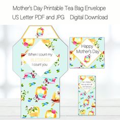 the mother's day printable tea bag envelope is shown with its matching tags