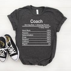 "Personalized Coach Nutrition Facts Shirt, Coach Shirt, Coach Gift, Coach T shirt, Coach Tshirt, Coach Tee, Coach T-shirt ♥ This is a great personalized Coach gift that will put a big smile on the recipient's face. Gift them an unforgettable memory now! 𝐒𝐈𝐙𝐈𝐍𝐆 𝗔𝗡𝗗 𝐂𝐎𝐋𝐎𝐑𝐒 For detailed sizing information and color options, please see listing images. -B.C Only - It means that we have that color only for our Bella Canvas Tees. 📌 𝗛𝗢𝗪 𝗧𝗢 𝗢𝗥𝗗𝗘𝗥 𝟏. Select the shirt \"𝗦𝘁𝘆𝗹? Boss T Shirt, Weights For Women, Ropa Diy, Bella Canvas Tees, Drummers, Smile On, Lacrosse, Unisex Shirts, Scuba Diving