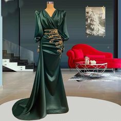 Green Prom Dresses, Long Sleeve Prom Dresses, Lace Appliques Evening Dresses, Mermaid Evening Dresses, Custom Make Evening Dresses, Dark Green