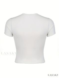 Lasaky - Womens Summer Casual Sports T-shirt with Fashion Strap Lace Stitching Design, Square Neck and Short Sleeves White High Stretch Crew Neck Crop Top, White Crew Neck Crop Top For Sports, White High Stretch Short Sleeve Crop Top, White High-stretch Short Sleeve Crop Top, High Stretch White Crew Neck T-shirt, Sports T Shirt, Design Square, Sport T Shirt, Summer Casual