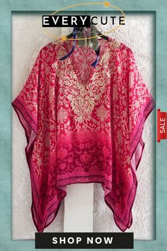 Ombr Embroidered Caftan Blouse Summer Festive V-neck Kaftan, Summer Tunic Blouse With Printed Motifs, Bollywood Style Kaftan With Printed Motifs, Bohemian V-neck Kurta With Intricate Embroidery, Festive Printed V-neck Kaftan, Bollywood Style Kaftan For Summer Festivals, Pink V-neck Kaftan For Eid, Bollywood Style Festive Summer Kaftan, Summer V-neck Tunic With Chikankari Embroidery