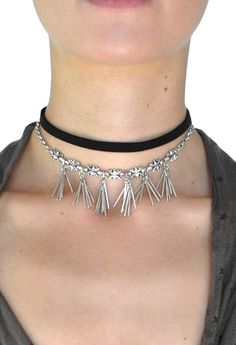 Rebekah Metal Fringe Choker Necklace Set Silver Adjustable Punk Choker, Adjustable Silver Punk Choker, Edgy Metal Choker, Edgy Adjustable Metal Choker, Adjustable Metal Edgy Choker, Adjustable Metal Choker For Party, Adjustable Metal Choker For Parties, Trendy Fringe Metal Jewelry, Trendy Silver Fringe Jewelry