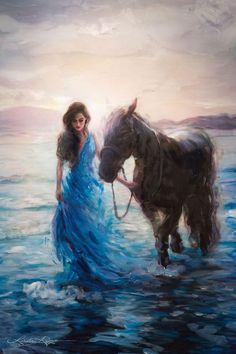 a painting of a woman and a horse in the water