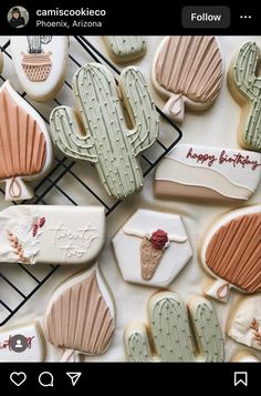 cookies decorated with desert themed icing are arranged on a wire rack and placed next to each other