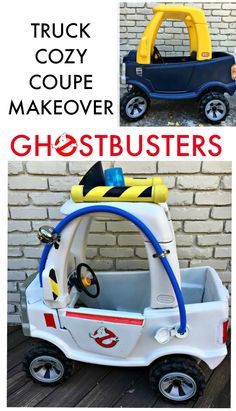 an old toy truck is painted white and blue with the words, chuck cozy makeover ghostbusters