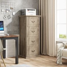 a computer desk with a printer on top of it next to a chair and window