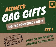 Print at Home: Redneck, Hillbilly, & Cowboy gag gift labels! Designed to add backwoods humor to your next gift exchange, these labels are easy to print and assemble.  Download includes: 1) .pdf file with 5 gag gift labels Candy Cane Puzzle - Easy Candy Cane Puzzle - Hard Cowboy Bubble Bath Crispy Creamy Donut Seeds Build a Snowman Kit 2) A shopping (or scrounging) list to easily keep track of gag gifts needed to assemble the final product. This product does not include: Any physical items. Bring a smile to your next holiday, school, or work party gift exchange! Candy Cane Puzzle, Donut Seeds, Build A Snowman Kit, Snowman Kit, Easy Candy, Build A Snowman, Gift Labels, Work Party, Gift Exchange