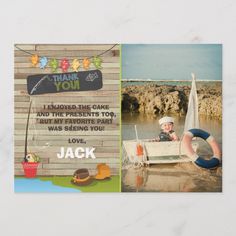 a birthday card with an image of a boy in a boat and the words thank you