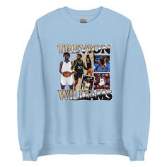 Trevion Williams "Vintage" Sweatshirt - Fan Arch Blue Fleece Sweatshirt With Graphic Print, Winter Streetwear Pre-shrunk Sweater, Blue Pre-shrunk Sweatshirt For Streetwear, Pre-shrunk Winter Sweater For Streetwear, Pre-shrunk Sweater For Winter Streetwear, Winter Pre-shrunk Sweater For Streetwear, Blue Graphic Print Sweatshirt For Sports Events, Pre-shrunk Sweatshirt For Winter Streetwear, Relaxed Fit Blue Pre-shrunk Sweatshirt