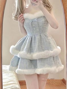 Size: S, Color: Blue Fluffy Princess Dress, Dress Coat, Mein Style, Patchwork Dress, Outfits Winter, Winter Aesthetic, Short Coat, Tiered Dress, Dress Short