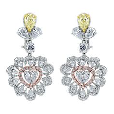 Beauvince Yellow And White Diamond Heart Drop Earrings In White Gold Luxury Diamond Cut Heart Earrings, Luxury Brilliant Cut Heart Earrings, Long Diamond Earrings, Heart Diamond Earrings, Fancy Light, White Diamond Earrings, Diamond Earrings Design, Diamond Heart Ring, Shapes And Colors