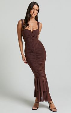 Kody Midi Dress - Bodycon Ruched Mesh Cut Out Dress in Chocolate | Showpo USA Side Ruched Dress, Chocolate Brown Dress, Basic Black Dress, Neon Outfits, Bachelorette Dress, Spring Maxi Dress, Cut Out Dress, Long Sleeve Knit Dress, Strapless Tops