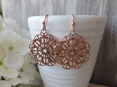 "Beautiful lace inspired filigree earrings are versatile for any occasion. Finished in rose gold finish brass, these medium dangles are lightweight enough for day and evening wear. Earrings measure 1 3/8\" from top of earwires. width across is 7/8\" (22mm). Comes ready to gift." Elegant Rose Gold Copper Earrings, Rose Gold Filigree Drop Earrings, Flowers Peonies, Peonies And Hydrangeas, Georgetown Tx, Rose Stud Earrings, Floral Hair Combs, Lace Earrings, Gem Earrings