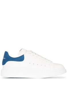 White/blue leather oversized sole sneakers from Alexander McQueen featuring logo-embossed tongue, round toe, front lace-up fastening, contrasting heel counter and chunky rubber sole. Blue Suede Heels, Sarah Burton, Sole Sneakers, Blue Suede, Suede Heels, Print Logo, Sneakers White, Blue Leather, White Leather