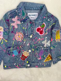 Custom Denim Patch Work Jacket - Etsy Custom Artwork Long Sleeve Cotton Denim Jacket, Long Sleeve Cotton Denim Jacket With Custom Artwork, Blue Cotton Denim Jacket For Playtime, Fun Multicolor Cotton Outerwear, Playful Cotton Denim Jacket With Pockets, Pink Cotton Fun Outerwear, Fun Pink Cotton Outerwear, Cotton Outerwear With Custom Artwork, Long Sleeve, Cotton Outerwear With Custom Artwork And Long Sleeves