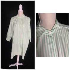 "1980's mint green and white vertical stripe tshirt dress with white buttons up the front. Designs by Lizbeth Women's size XL 55\" bust 58\" hips 36\" shoulder to hem 18\" back shoulders" Map Dress, Linen Tunics For Women, Turquoise Bridesmaid, Turquoise Bridesmaid Dresses, Carrie Dress, Natural Linen Dress, Linen Dress Summer, Black Ball Gown, Pixie Dress