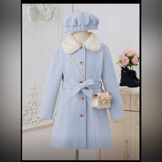 Baby Blue Girls Winter Coat And Beret 11-12y Brand New Shein Cute Preppy Never Worn Classic Light Blue Winter Outerwear, Cute Light Blue Winter Outerwear, Girls Winter Coat, Bow Coat, Shein Jackets, Blue Cream, Kids Jacket, Winter Coat, Baby Blue