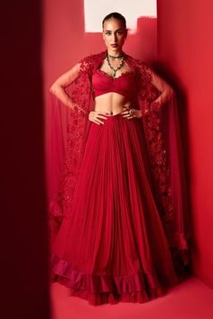 Shop for Ridhi Mehra Red Blouse Qaifa Ruched Skirt Set for Women Online at Aza Fashions Ridhi Mehra, Organza Lehenga, Pleated Chiffon Skirt, Embroidered Crop Tops, Draped Blouse, Red Lehenga, Red Chiffon, Embroidered Organza, Embroidered Dupatta