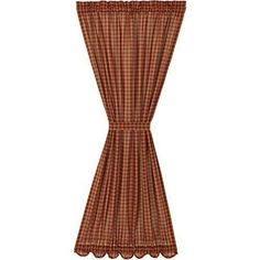 a brown and white checkered curtain with ruffles on the bottom, in front of a white background