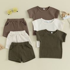 Toddler Girl Matching Set – MiniOlie Casual Brown Playwear Sets, Casual Solid Color Playtime Set, Casual Beige Playwear Sets, Shorts Summer Outfit, Sibling Costume, Raglan Sleeve Pattern, Summer Shorts Outfits, Suspender Pants, Pleated Shirt