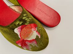 embroidered goldfish velvet mules in olive color Clothes Manifestation, Embroidery Slippers, Slippers Wedding, Olive Velvet, Flight Outfit, Mules Women, Embroidered Slippers, Velvet Mules, Fancy Fits