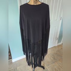 Black Boston Proper Fringe Poncho. Nwt. Neckline Is Thst Of A Tshirt/Top. Fringe In Shape. Well Made And Very Cute. Size S/M. Has Stretch And Looseness/Flowiness. Smoke Free And Pet Friendly Home 5spc Casual Black Tassel Top, Black Long Sleeve Poncho For Spring, Spring Long Sleeve Black Poncho, One Size Fringe Tops For Spring, Black Batwing Sleeve Poncho For Spring, Black Tops With Tassels For Night Out, Black Fringe Top For Night Out, Black Long Sleeve Tops With Tassels, Fringe Poncho