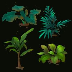 a collection of green plants on a black background