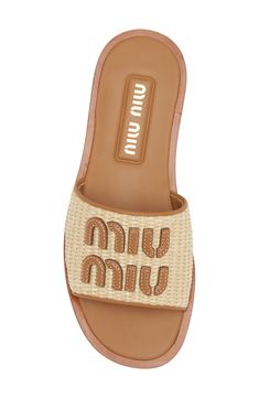 A topstitched leather logo appliqué details the wide, woven raffia band of this slide sandal that's ready for some fun in the sun. Textile and leather upper/leather lining/rubber sole Made in Italy Designer Shoes Miu Miu Logo, Woven Raffia, Woven Label, Fun In The Sun, Woven Labels, Leather Logo, Slide Sandals, Miu Miu, Some Fun