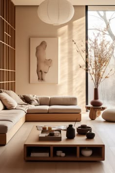 Minimal japandi living room interior with sofa, plant, table and floor to ceiling window Rug Japandi, Sofa Japandi, Amsterdam Flat, Japanese Living Room Design, Wall Pantry Ideas, Zen Style Interior, Japandi Style Living Room, Wall Pantry, Japandi Living Room Design