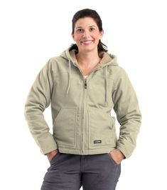 100% cotton sanded duck body shell lining Three piece lined hood with drawstring Three inside pockets and two front pockets Hidden rib knit storm cuffs and extended back for added warmthHeavy duty brass front zipper 100% cotton sanded duck body shell lining and heavyweight sherpa sleeve lining Sherpa Lined Jacket, Duck Fabric, Work Coat, Tractor Supply, Work Wear Women, Waterproof Jacket, Line Jackets, Sherpa Lined, Hooded Coat