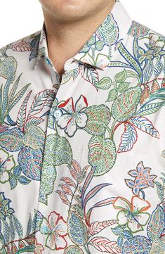 Vibrant tropical flowers light up a cool, casual shirt crafted in America from pure Japanese cotton with a proprietary soft finish. 29" length; 44 1/2" chest (size Medium) Front button closure Spread collar Short sleeves Back yoke Straight hem 100% cotton Machine wash, tumble dry Made in the USA of imported fabric Men's Clothing Patterned Cotton Hawaiian Shirt For Spring, Spring Hawaiian Shirt With Hibiscus Print In Cotton, Spring Cotton Hawaiian Shirt With Hibiscus Print, Casual Shirt With Hibiscus Print For Spring, Cotton Hawaiian Shirt With Floral Print, Hawaiian Cotton Floral Print Shirt, Spring Collared Shirt With Hibiscus Print, Spring Hibiscus Print Collared Shirt, Spring Hibiscus Print Relaxed Fit Shirt