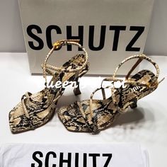 Brand New The Schutz Lovi Snake Embossed Square-Toe Leather Sandal Is Amazing. *Leather Multi-Strap Uppers/Lining *Heel Height: 4 1/2" *Gold Ankle Buckles *Square Toe *Dust Bag Included *Size:Us 10 *Smoke Free Home Trendy Leather Strap Heels, Wrap Around Heels, Denim Heels, Crystal Sandals, Mid Heel Sandals, Black Suede Pumps, Pumps Heels Stilettos, Wrap Heels, Rhinestone Heels