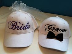 This listing is for a matching pair of white Bride and Groom baseball caps/hats. Cute wedding, bachelorette and bachelor party gift!You will receive one white Groom tuxedo hat and one white Bride veil hat with word color of your choice. Bride hat can come with out without veil. Please write your choices in the Message to Seller box at checkout.Please see other listings for Black hats with embroidery!Please convo us for international shipping, questions, requests, or special orders! :^)From a smo White Cap Mini Hat For Weddings, Adjustable White Hats For Graduation, Adjustable White Hat For Graduation, White Curved Brim Baseball Cap For Wedding, Customizable White Wedding Hats, White Curved Brim Baseball Cap Gift, White Curved Brim Baseball Cap As A Gift, White Curved Brim Baseball Cap As Gift, White Snapback Baseball Cap As Gift