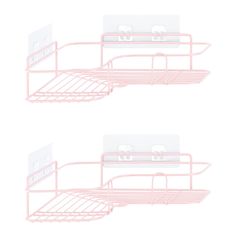 two pink metal shelfs with shelves on each side