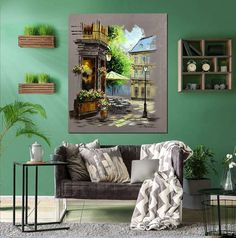 a living room scene with green walls and furniture in the foreground, potted plants on the far wall